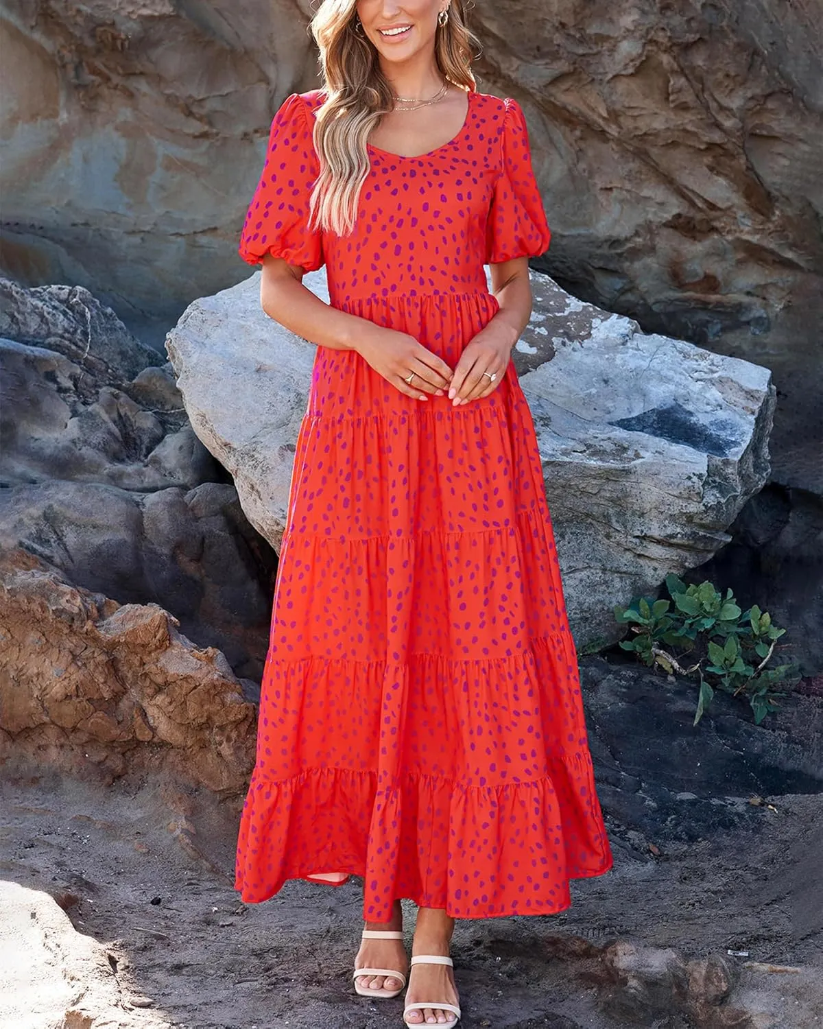 BTFBM Casual Women Summer Dresses 2024 Puff Sleeve Floral Maxi Dresses Smocked Backless Flowy Tiered Beach Long Dress