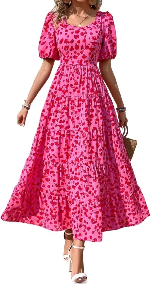 BTFBM Casual Women Summer Dresses 2024 Puff Sleeve Floral Maxi Dresses Smocked Backless Flowy Tiered Beach Long Dress