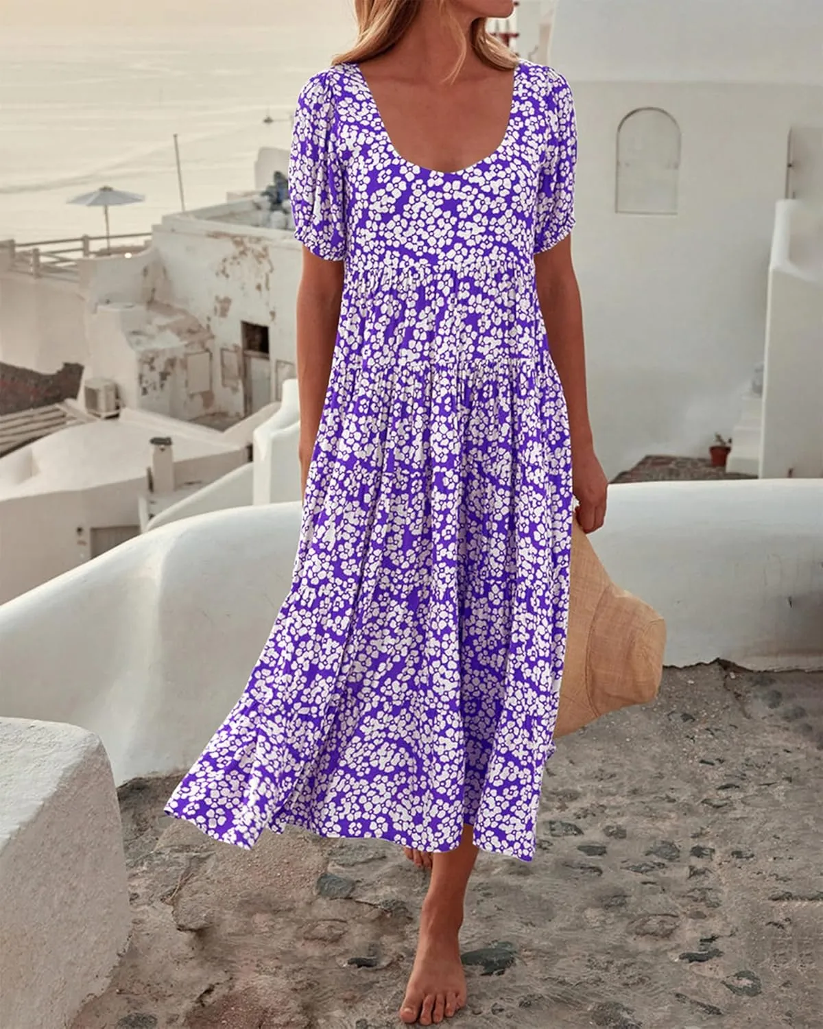 BTFBM Casual Women Summer Dresses 2024 Puff Sleeve Floral Maxi Dresses Smocked Backless Flowy Tiered Beach Long Dress