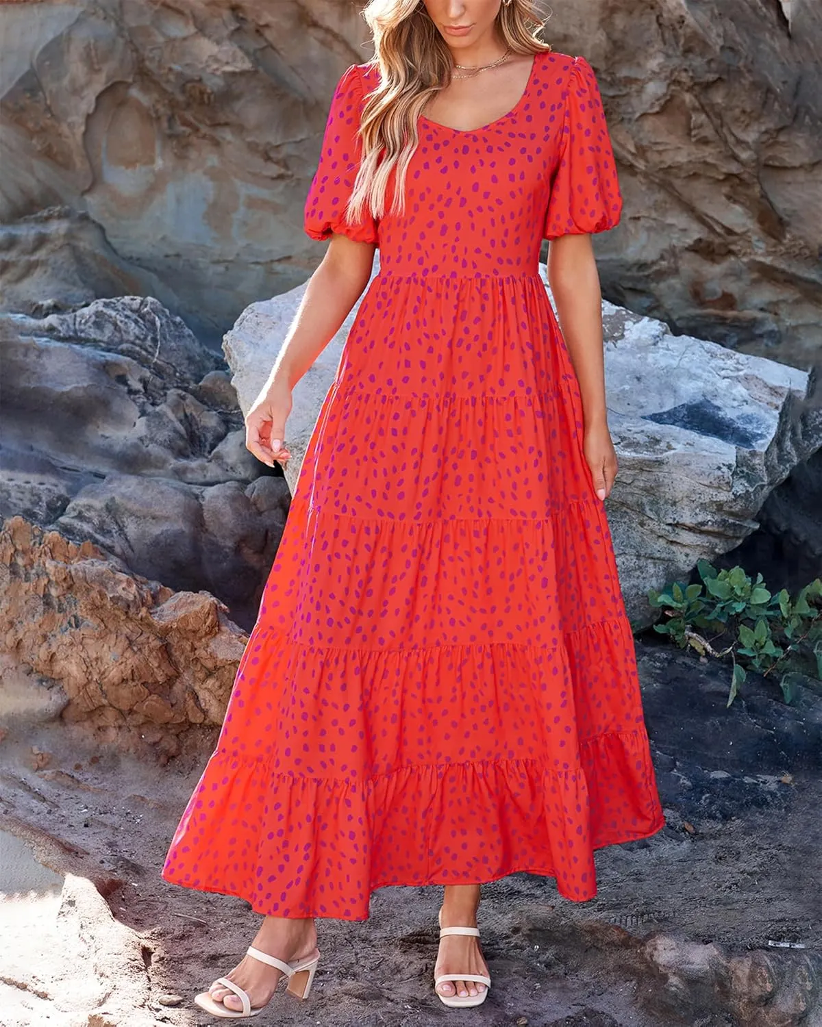 BTFBM Casual Women Summer Dresses 2024 Puff Sleeve Floral Maxi Dresses Smocked Backless Flowy Tiered Beach Long Dress