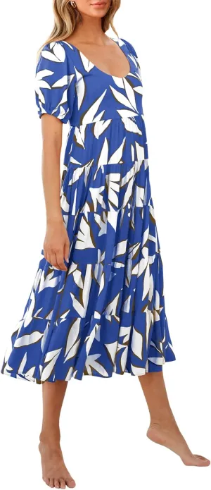 BTFBM Casual Women Summer Dresses 2024 Puff Sleeve Floral Maxi Dresses Smocked Backless Flowy Tiered Beach Long Dress