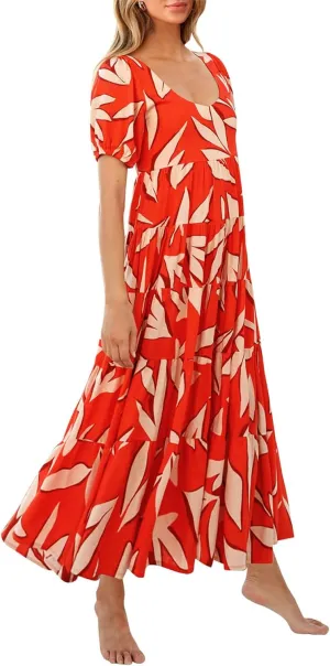 BTFBM Casual Women Summer Dresses 2024 Puff Sleeve Floral Maxi Dresses Smocked Backless Flowy Tiered Beach Long Dress