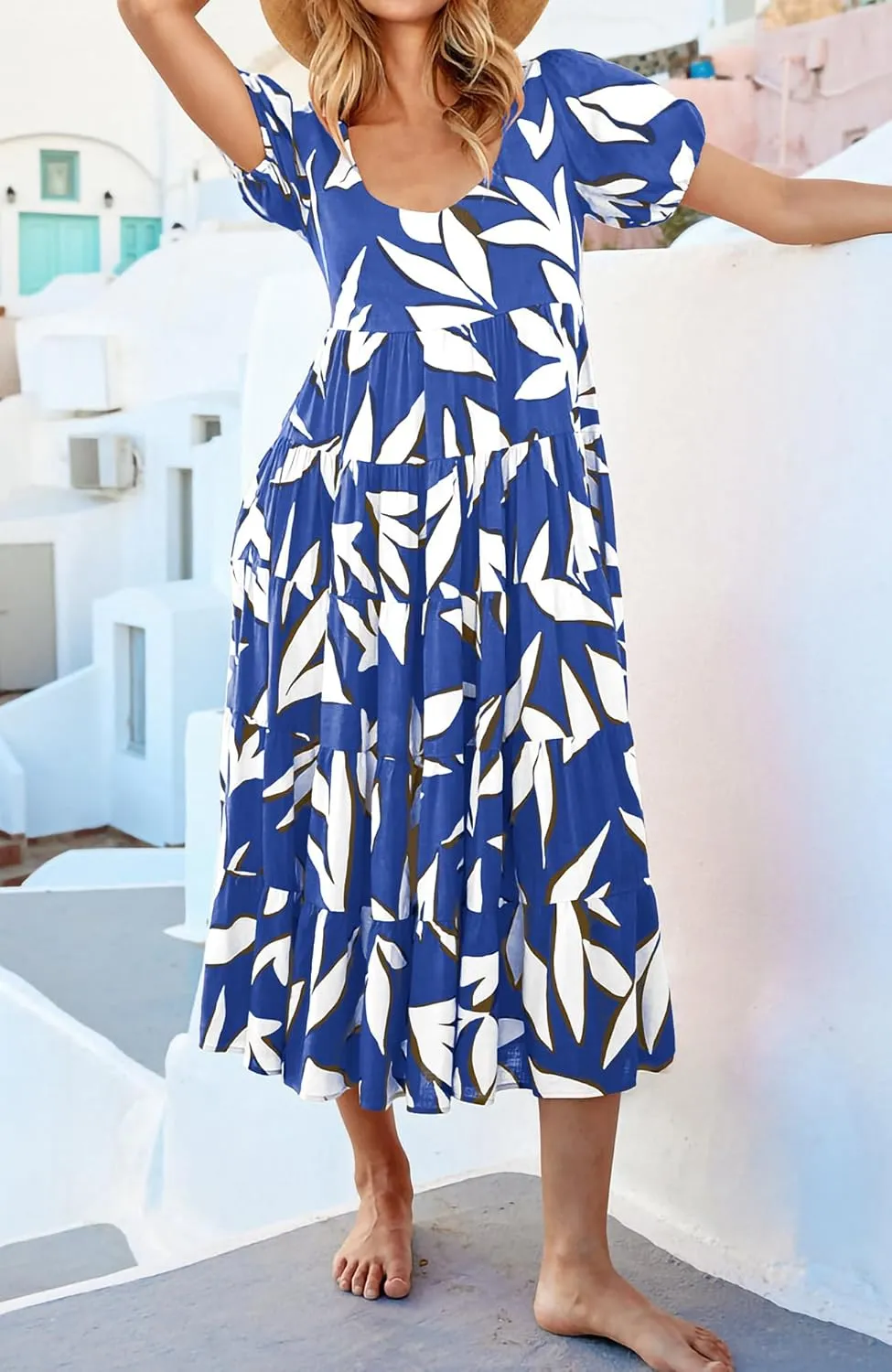 BTFBM Casual Women Summer Dresses 2024 Puff Sleeve Floral Maxi Dresses Smocked Backless Flowy Tiered Beach Long Dress