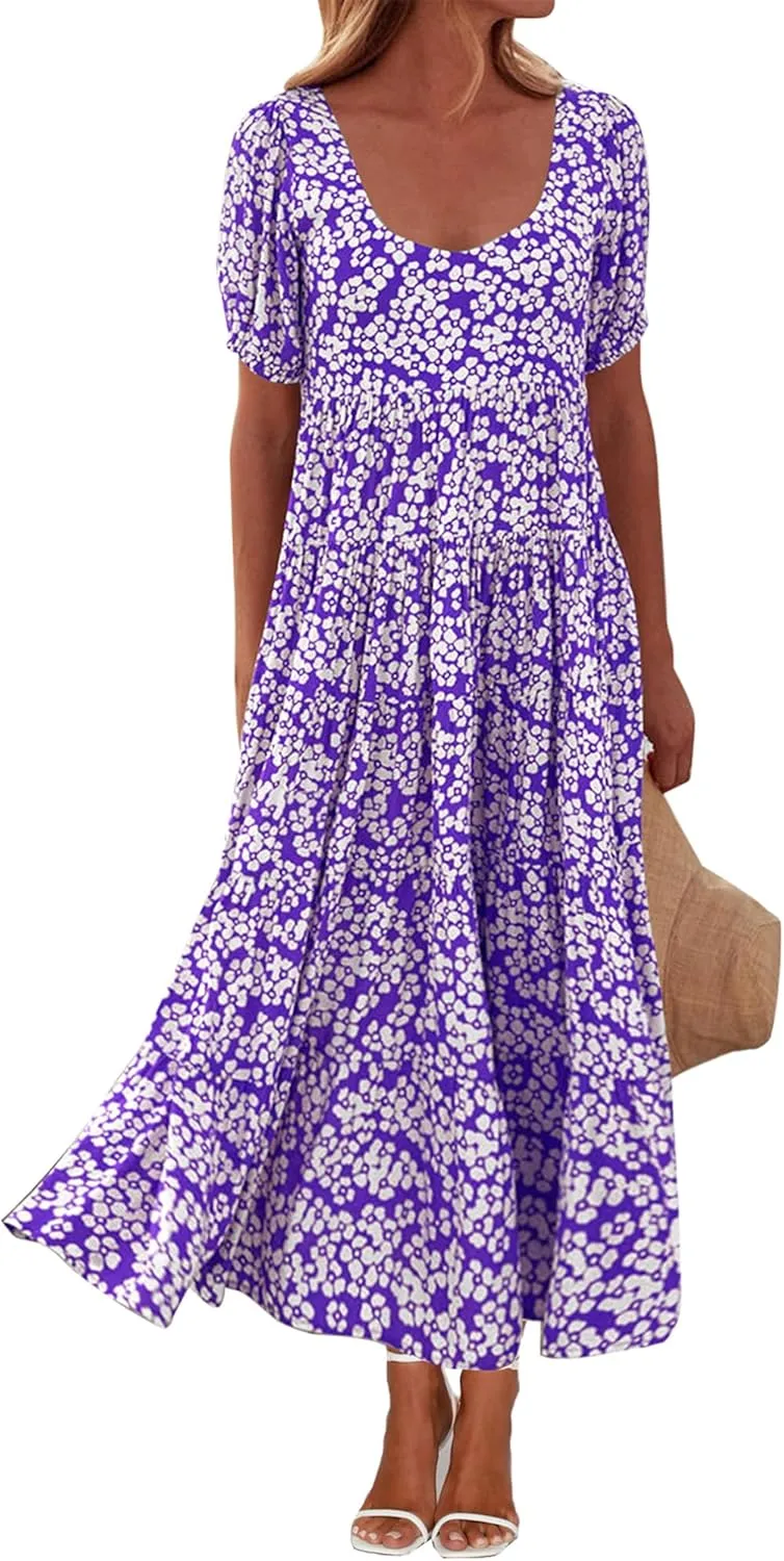 BTFBM Casual Women Summer Dresses 2024 Puff Sleeve Floral Maxi Dresses Smocked Backless Flowy Tiered Beach Long Dress