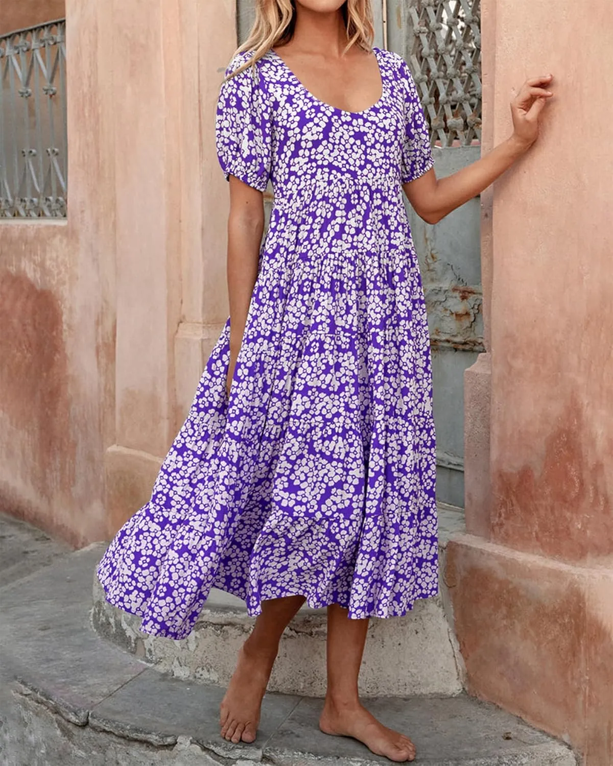 BTFBM Casual Women Summer Dresses 2024 Puff Sleeve Floral Maxi Dresses Smocked Backless Flowy Tiered Beach Long Dress