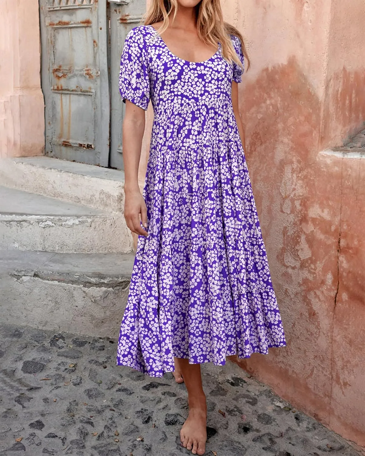 BTFBM Casual Women Summer Dresses 2024 Puff Sleeve Floral Maxi Dresses Smocked Backless Flowy Tiered Beach Long Dress