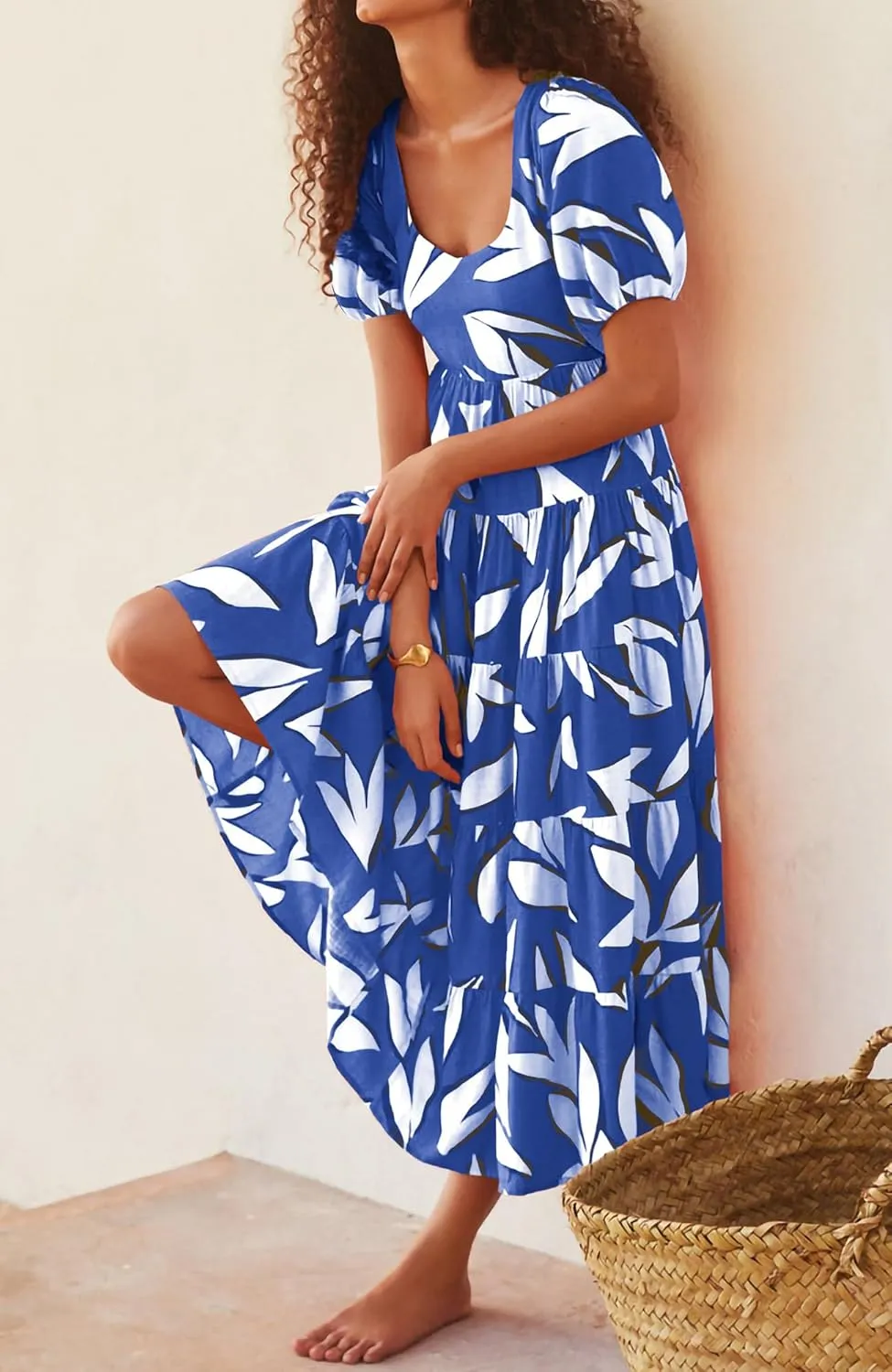 BTFBM Casual Women Summer Dresses 2024 Puff Sleeve Floral Maxi Dresses Smocked Backless Flowy Tiered Beach Long Dress