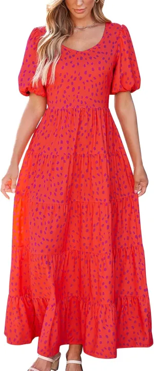 BTFBM Casual Women Summer Dresses 2024 Puff Sleeve Floral Maxi Dresses Smocked Backless Flowy Tiered Beach Long Dress