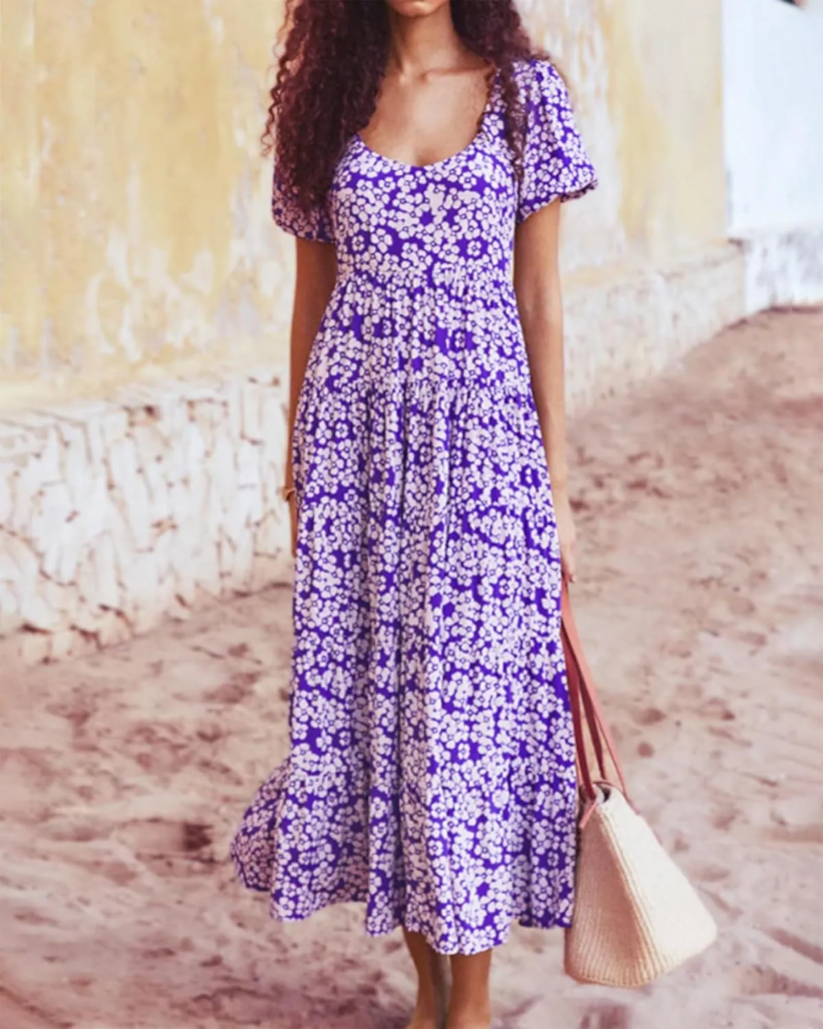 BTFBM Casual Women Summer Dresses 2024 Puff Sleeve Floral Maxi Dresses Smocked Backless Flowy Tiered Beach Long Dress