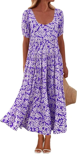 BTFBM Casual Women Summer Dresses 2024 Puff Sleeve Floral Maxi Dresses Smocked Backless Flowy Tiered Beach Long Dress