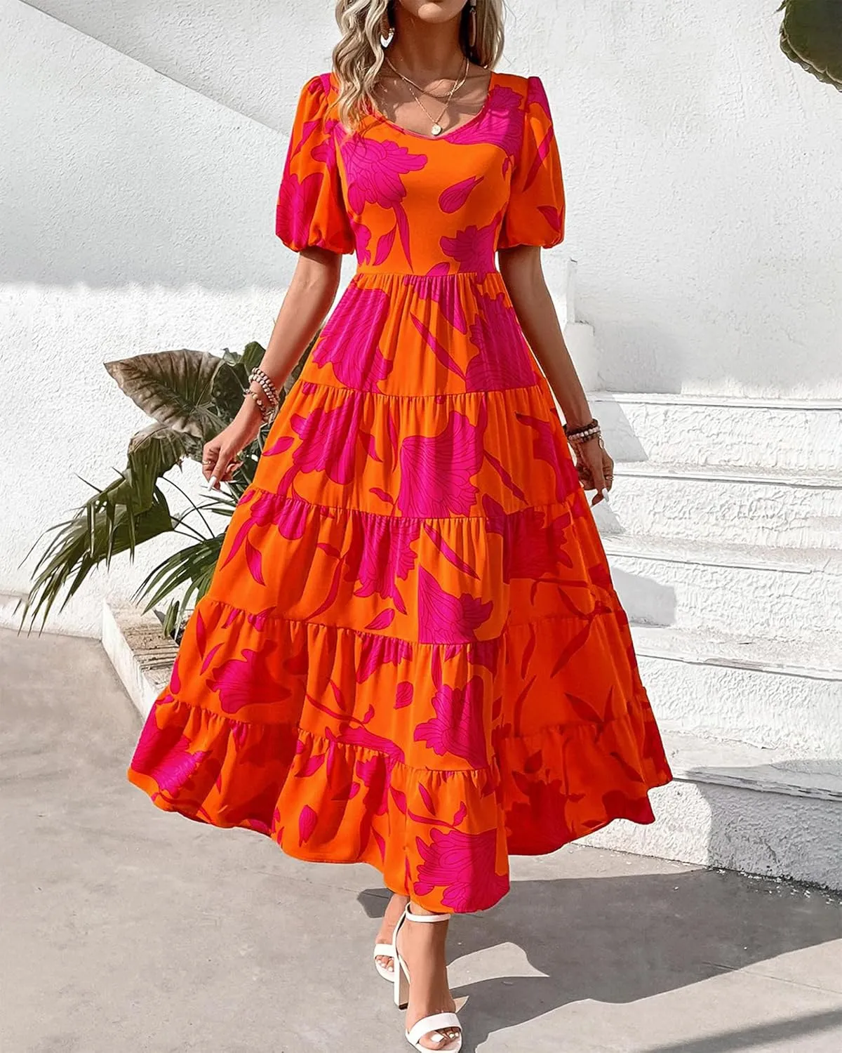 BTFBM Casual Women Summer Dresses 2024 Puff Sleeve Floral Maxi Dresses Smocked Backless Flowy Tiered Beach Long Dress