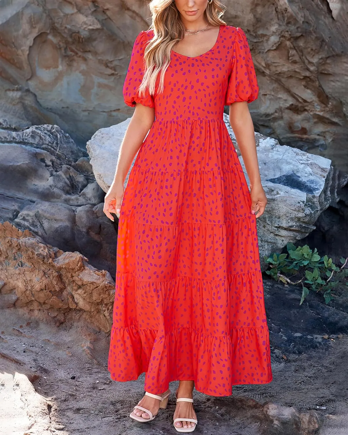 BTFBM Casual Women Summer Dresses 2024 Puff Sleeve Floral Maxi Dresses Smocked Backless Flowy Tiered Beach Long Dress