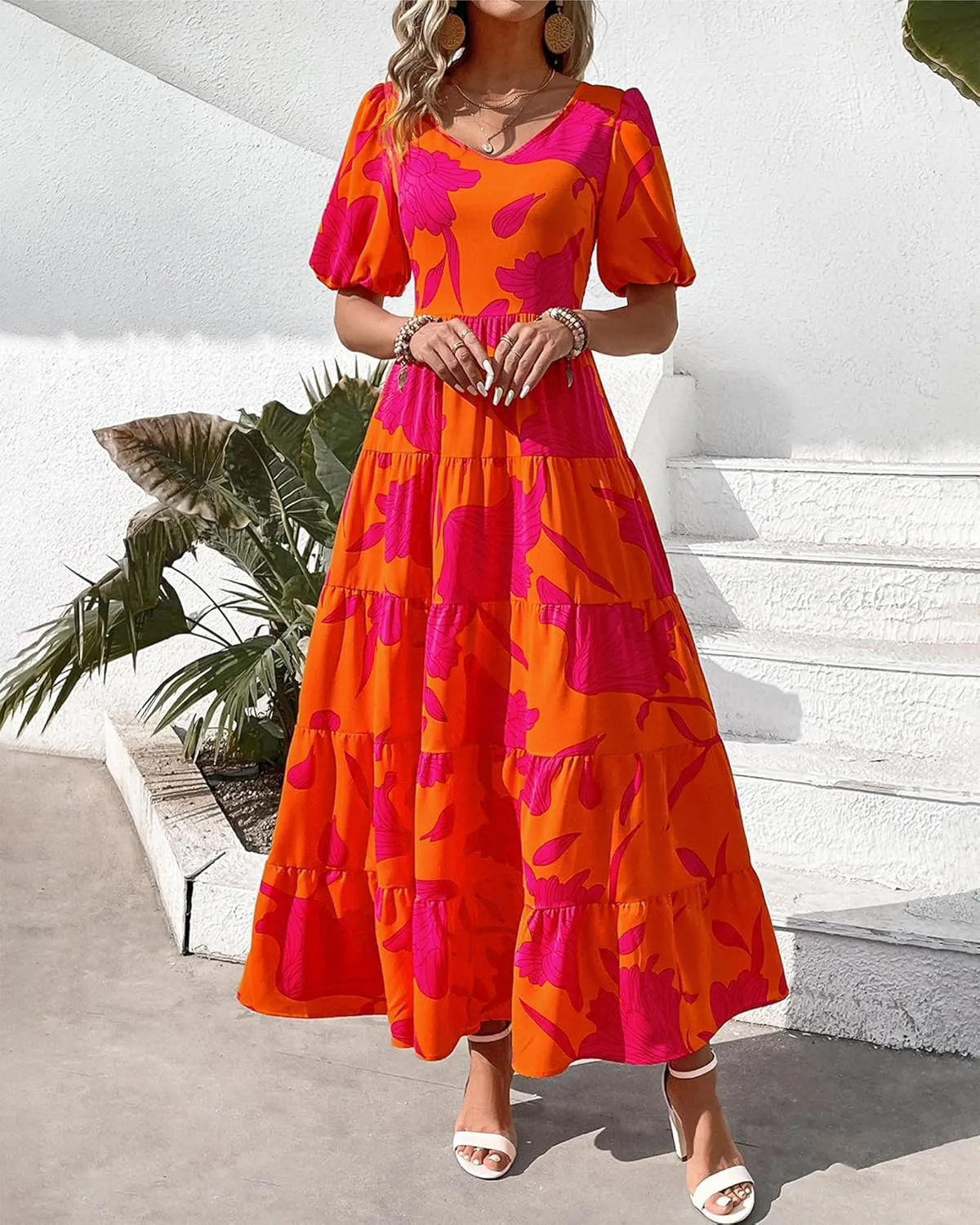 BTFBM Casual Women Summer Dresses 2024 Puff Sleeve Floral Maxi Dresses Smocked Backless Flowy Tiered Beach Long Dress