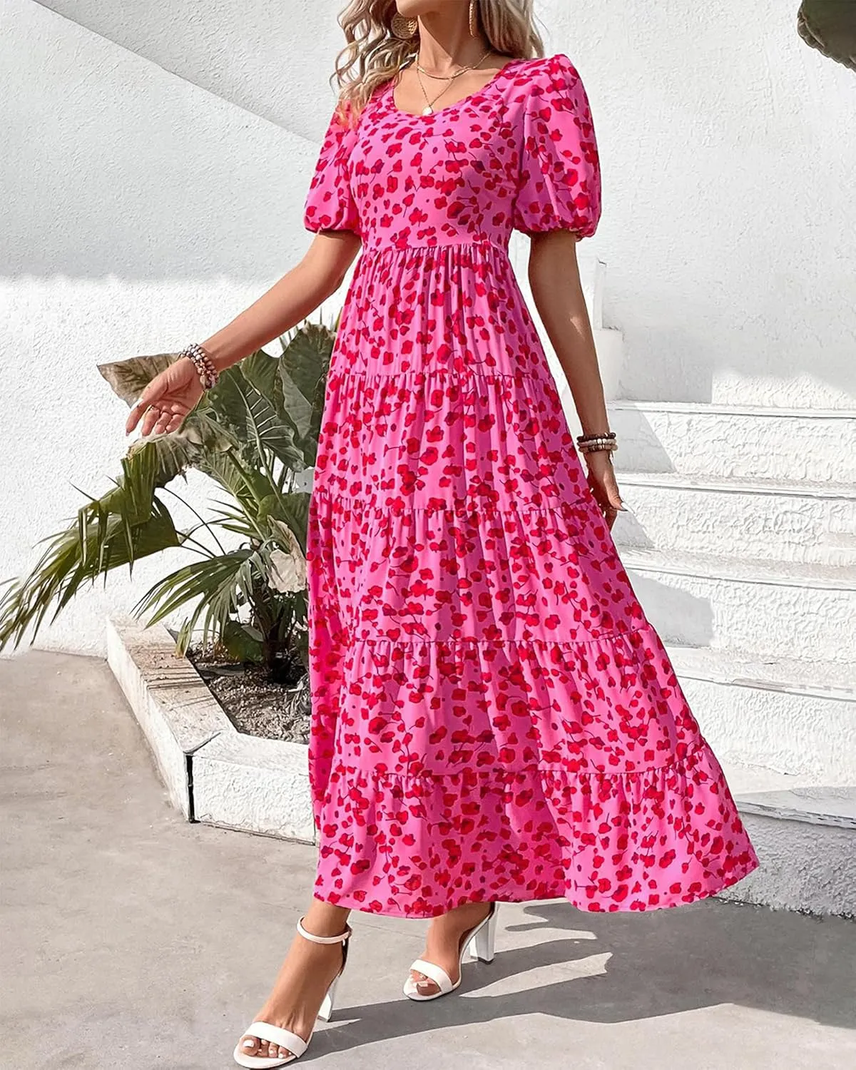 BTFBM Casual Women Summer Dresses 2024 Puff Sleeve Floral Maxi Dresses Smocked Backless Flowy Tiered Beach Long Dress