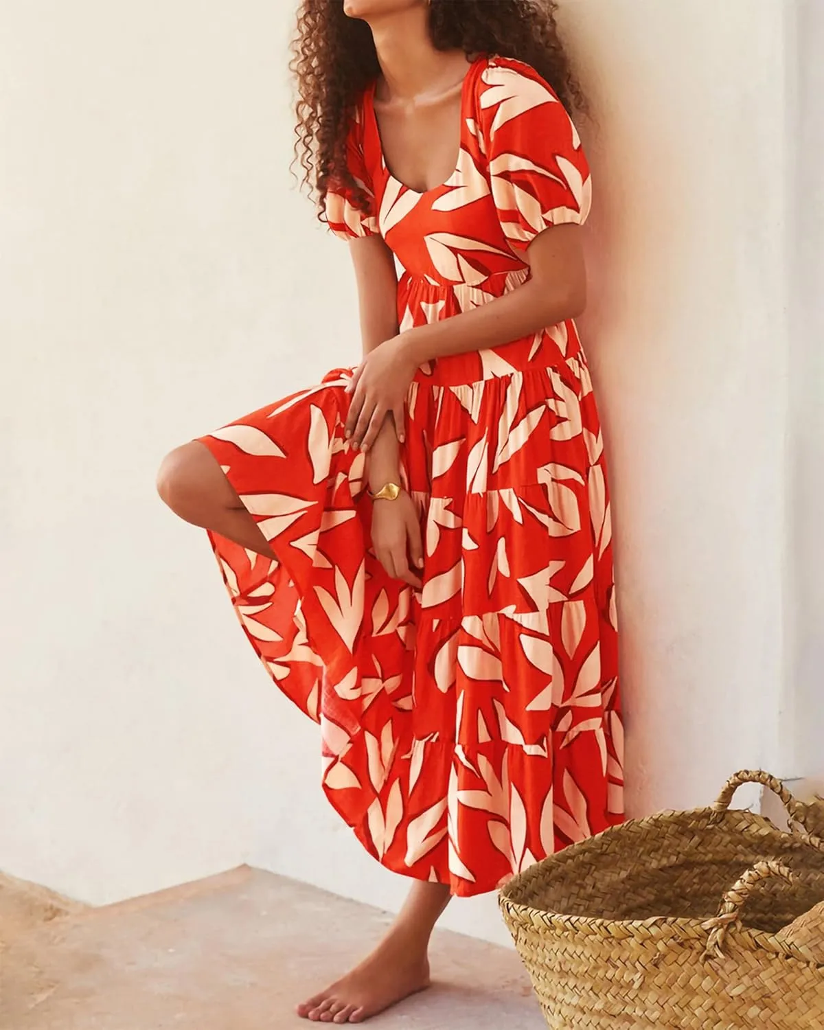 BTFBM Casual Women Summer Dresses 2024 Puff Sleeve Floral Maxi Dresses Smocked Backless Flowy Tiered Beach Long Dress