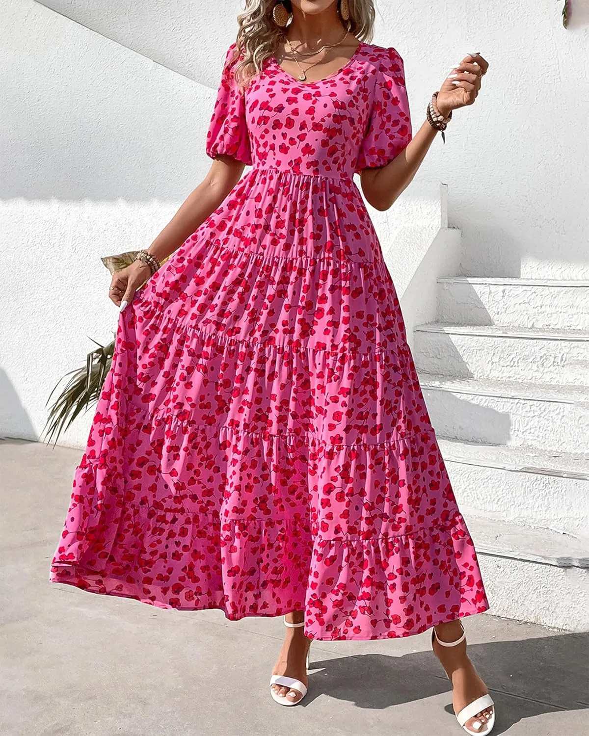 BTFBM Casual Women Summer Dresses 2024 Puff Sleeve Floral Maxi Dresses Smocked Backless Flowy Tiered Beach Long Dress