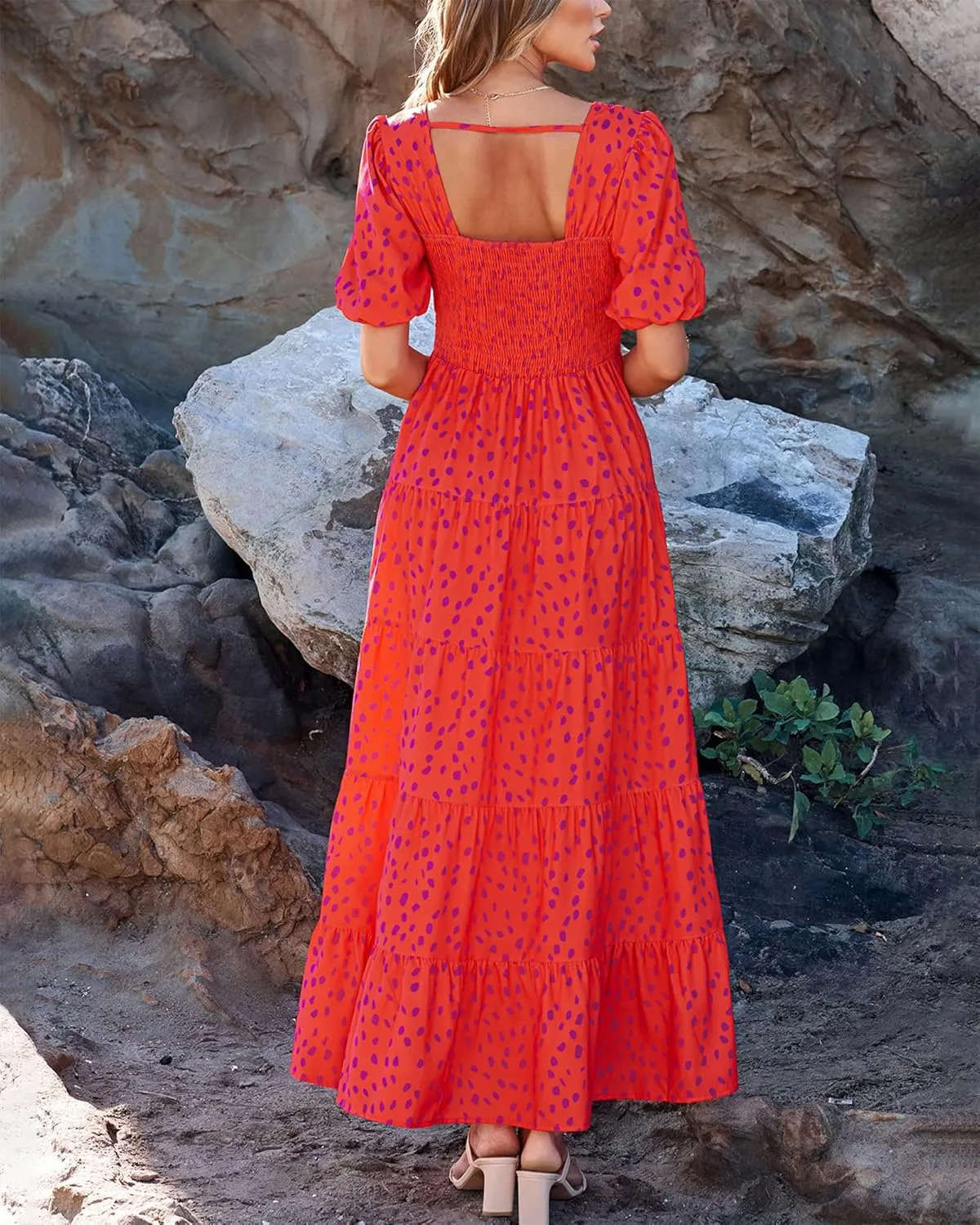 BTFBM Casual Women Summer Dresses 2024 Puff Sleeve Floral Maxi Dresses Smocked Backless Flowy Tiered Beach Long Dress