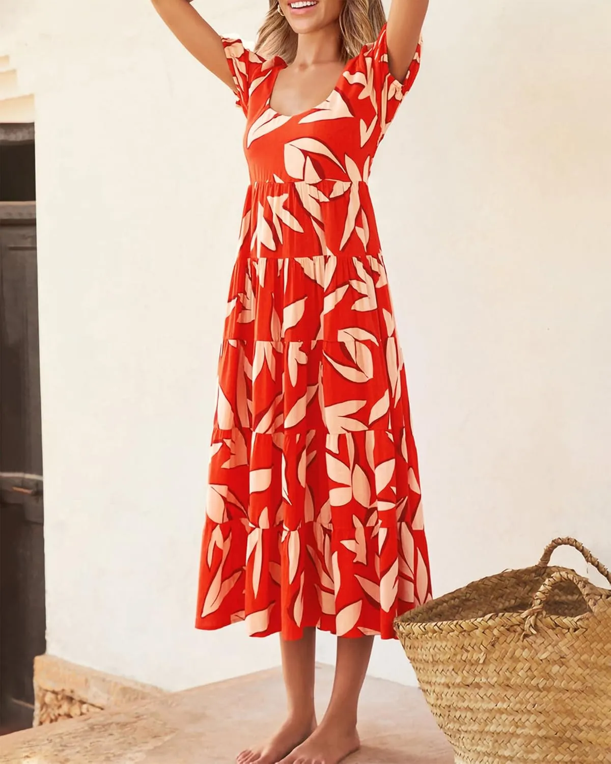 BTFBM Casual Women Summer Dresses 2024 Puff Sleeve Floral Maxi Dresses Smocked Backless Flowy Tiered Beach Long Dress