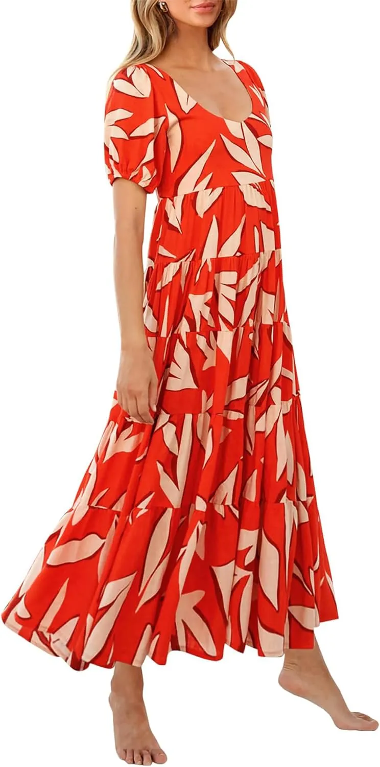 BTFBM Casual Women Summer Dresses 2024 Puff Sleeve Floral Maxi Dresses Smocked Backless Flowy Tiered Beach Long Dress