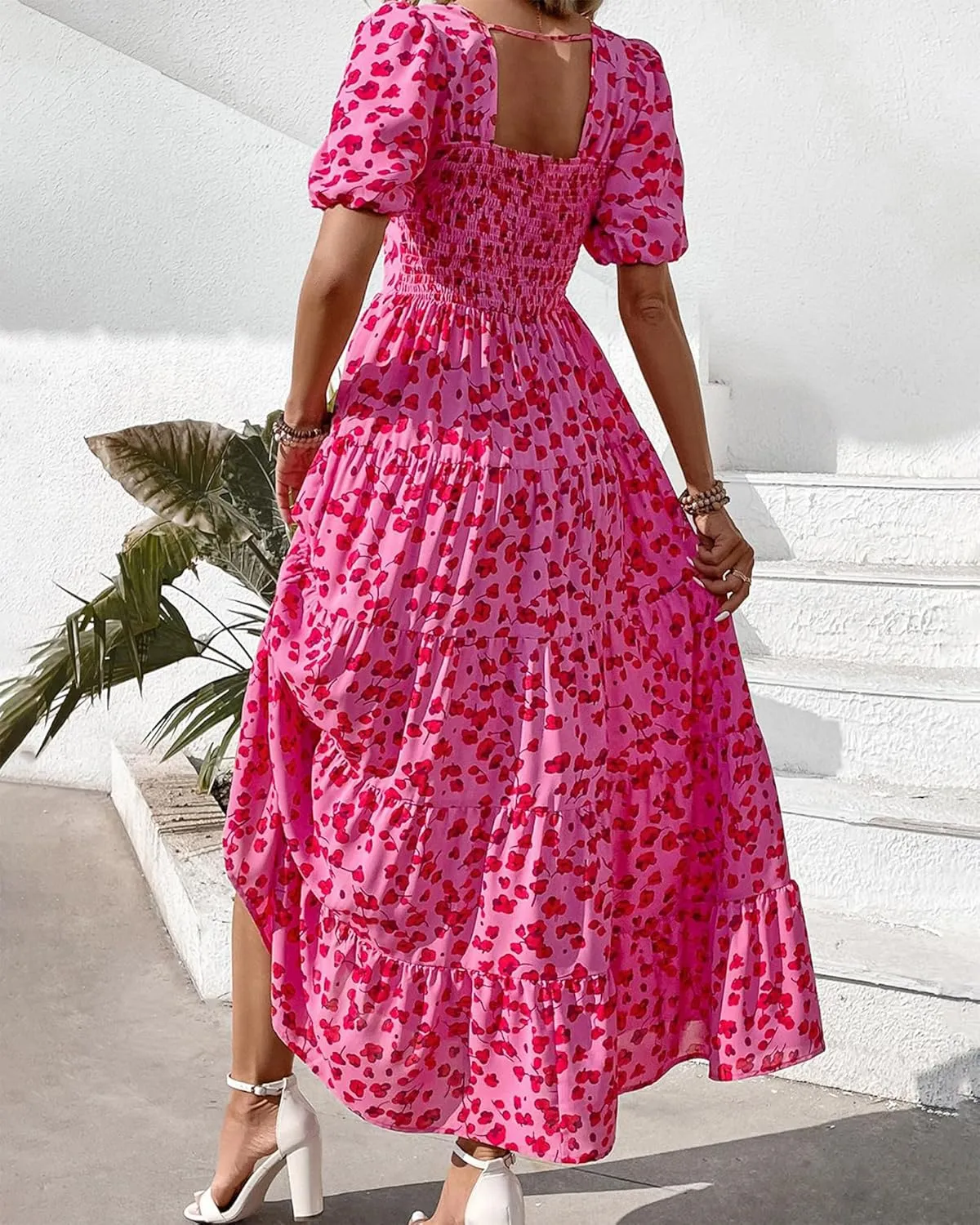 BTFBM Casual Women Summer Dresses 2024 Puff Sleeve Floral Maxi Dresses Smocked Backless Flowy Tiered Beach Long Dress