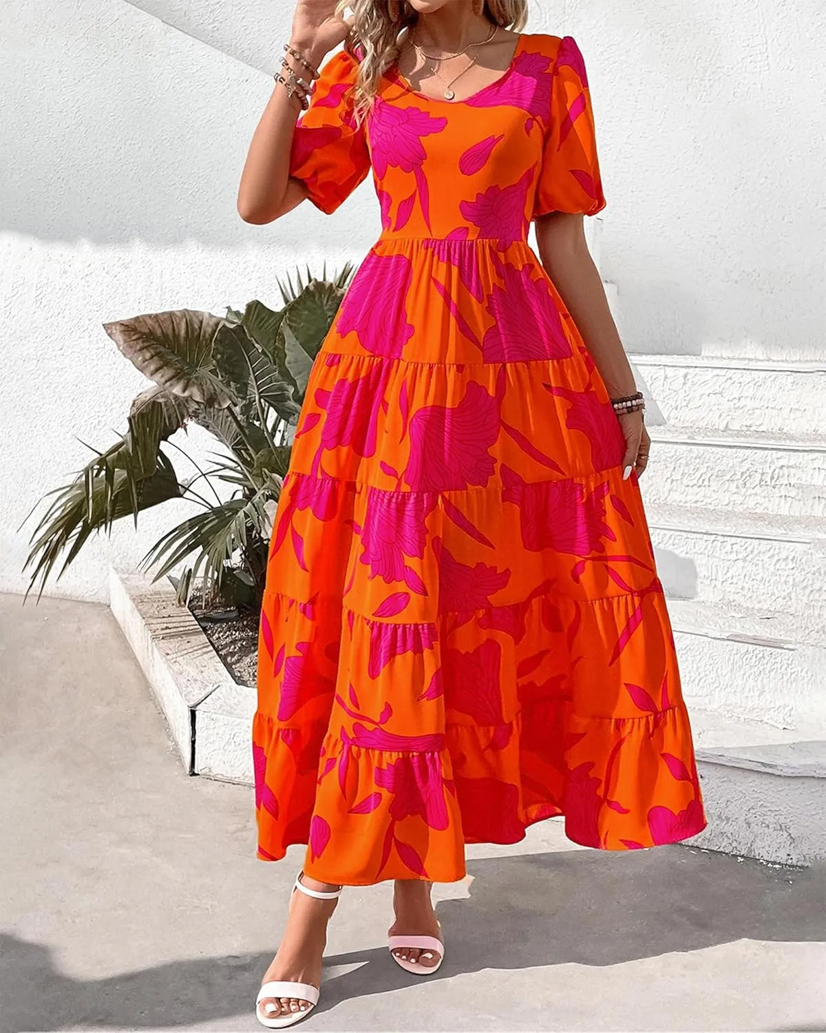 BTFBM Casual Women Summer Dresses 2024 Puff Sleeve Floral Maxi Dresses Smocked Backless Flowy Tiered Beach Long Dress