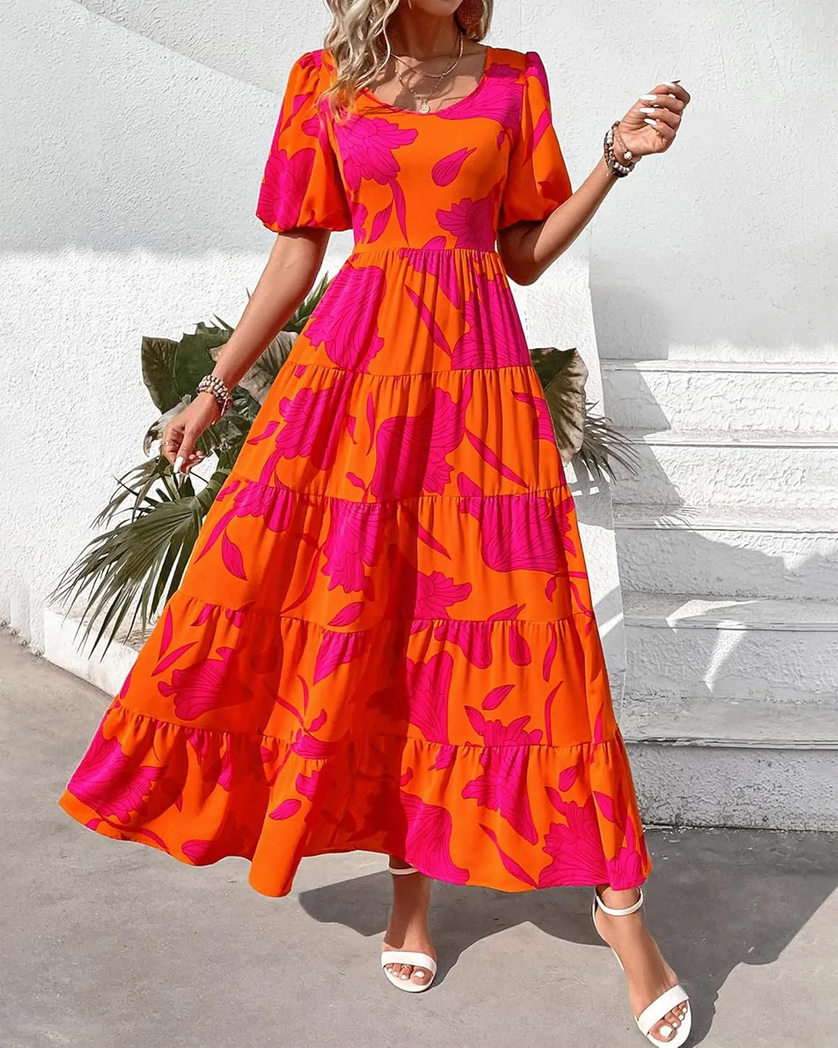 BTFBM Casual Women Summer Dresses 2024 Puff Sleeve Floral Maxi Dresses Smocked Backless Flowy Tiered Beach Long Dress