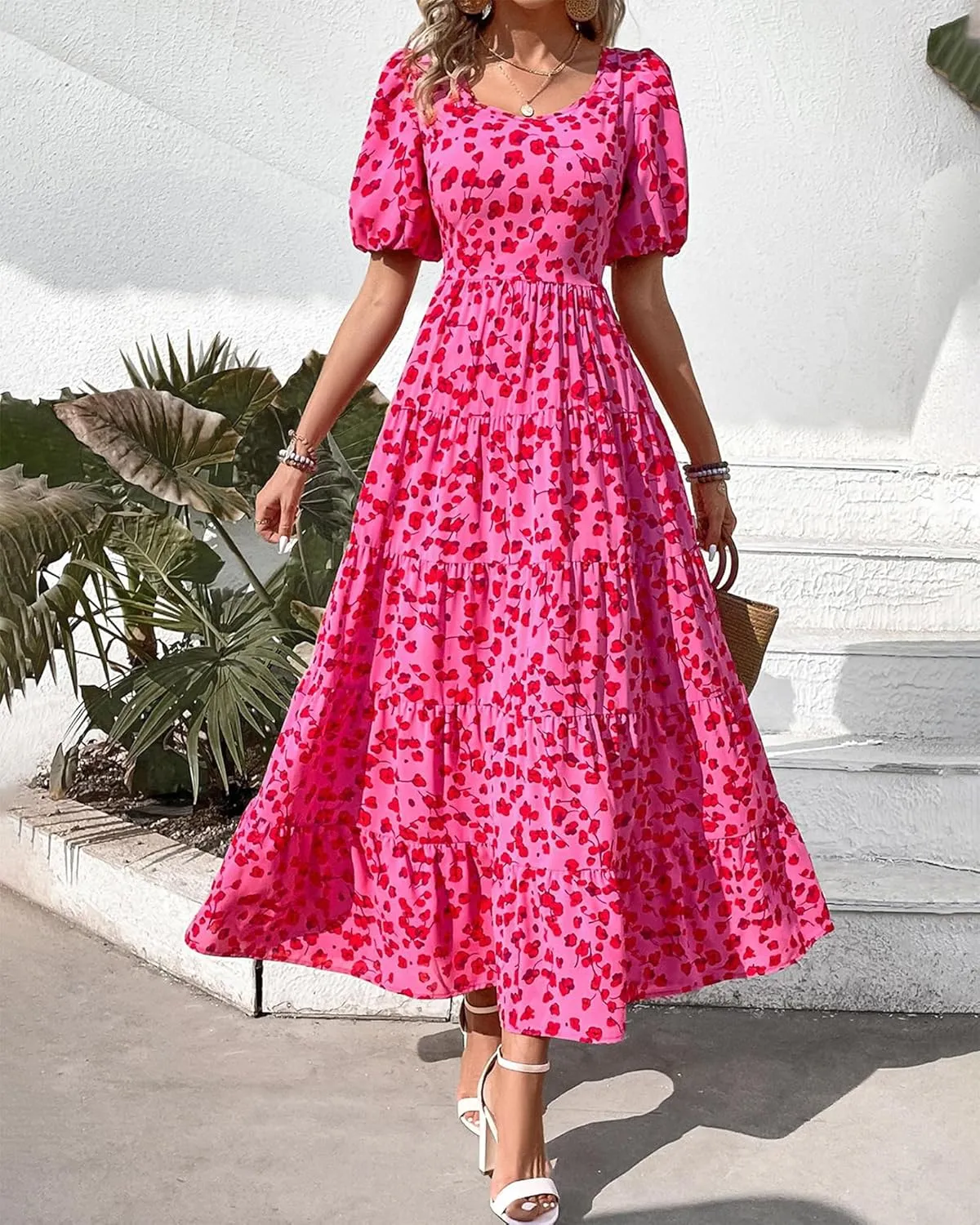 BTFBM Casual Women Summer Dresses 2024 Puff Sleeve Floral Maxi Dresses Smocked Backless Flowy Tiered Beach Long Dress