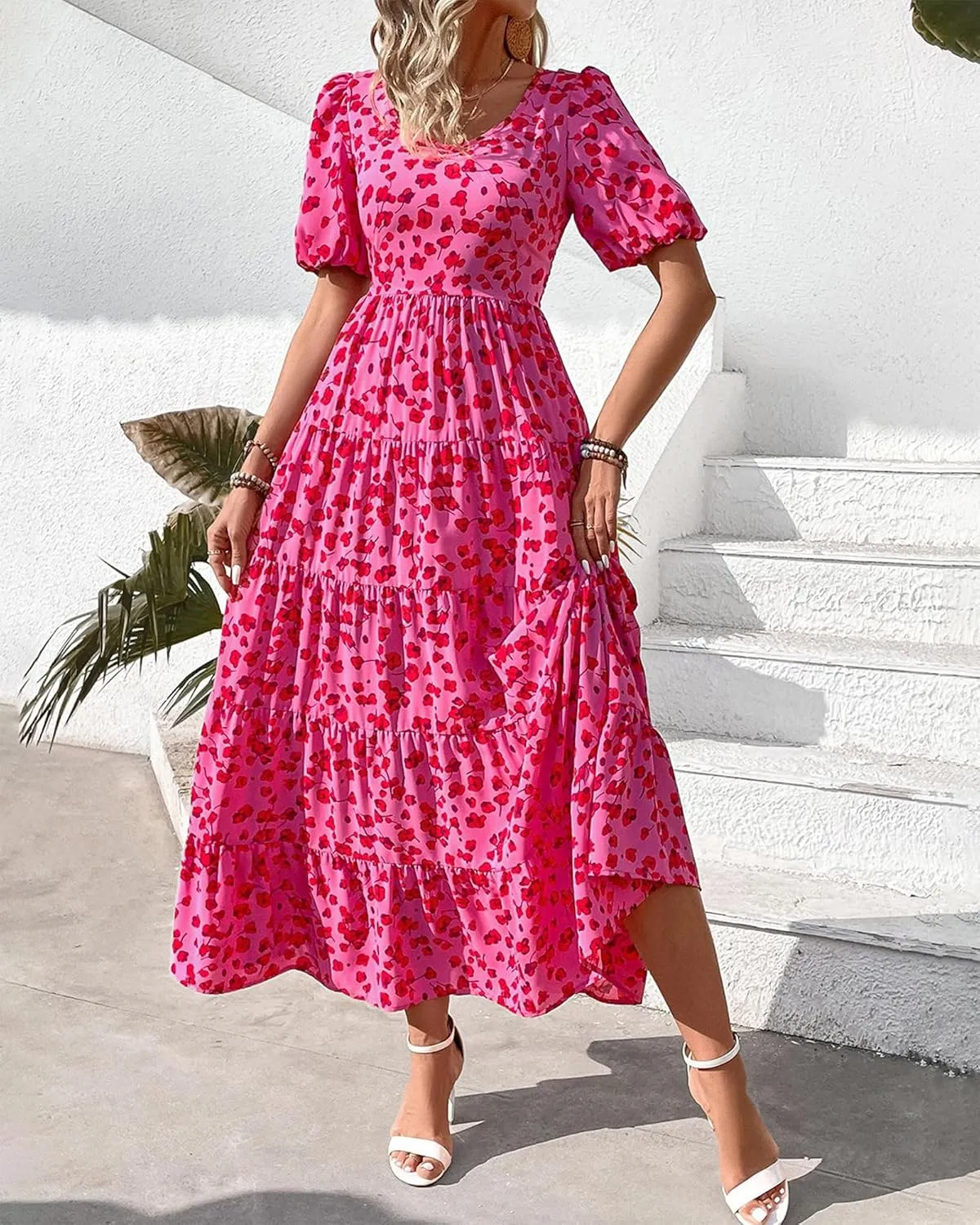 BTFBM Casual Women Summer Dresses 2024 Puff Sleeve Floral Maxi Dresses Smocked Backless Flowy Tiered Beach Long Dress