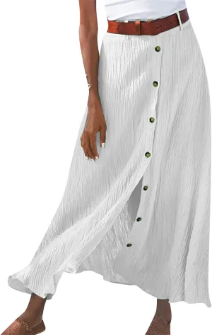 Button Down Maxi Skirts for Women Cotten Linen A Line Beach Long Skirts Casual Loose Flowy Swing Slit Front Dress