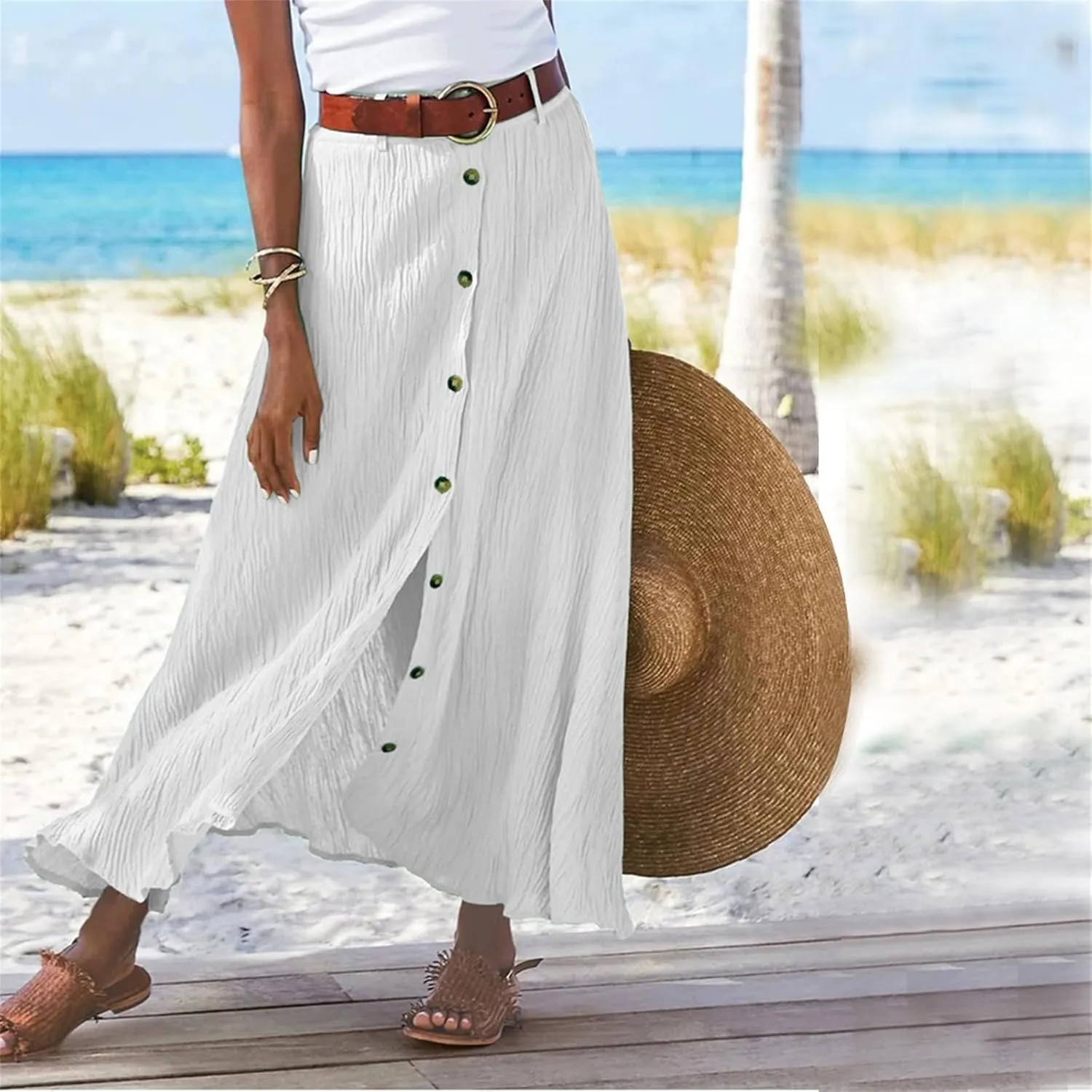 Button Down Maxi Skirts for Women Cotten Linen A Line Beach Long Skirts Casual Loose Flowy Swing Slit Front Dress
