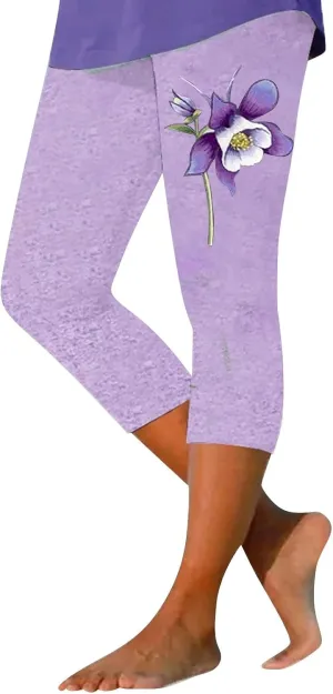 Capri Leggings for Women Purple Floral Print Crop Yoga Pants Stretchy 7/8 Length Tights Alzheimers Awareness Products