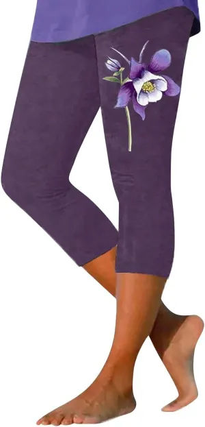 Capri Leggings for Women Purple Floral Print Crop Yoga Pants Stretchy 7/8 Length Tights Alzheimers Awareness Products