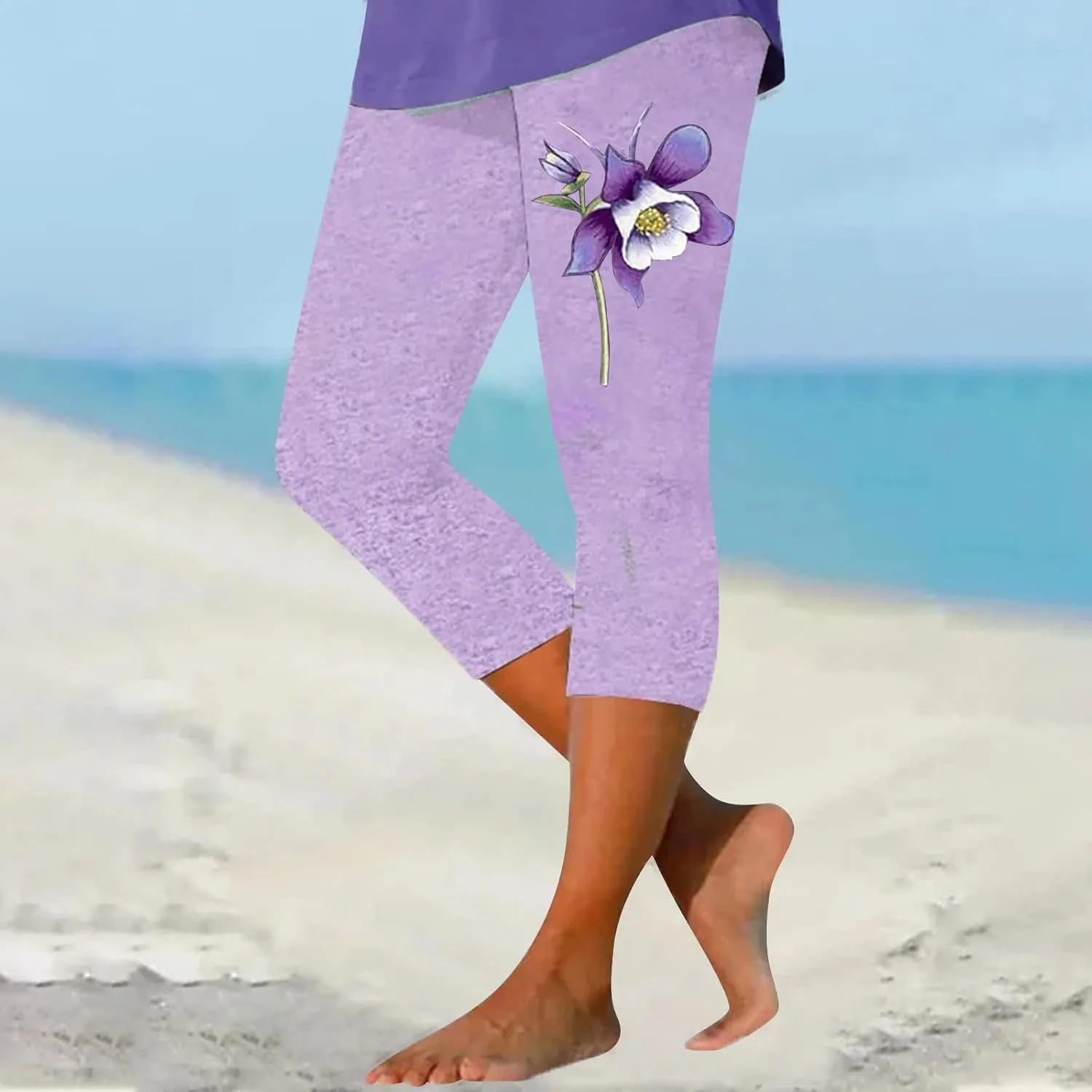 Capri Leggings for Women Purple Floral Print Crop Yoga Pants Stretchy 7/8 Length Tights Alzheimers Awareness Products