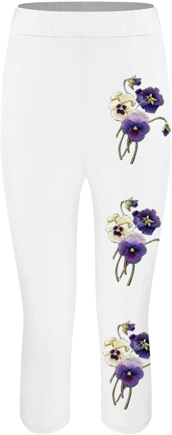 Capri Leggings for Women Purple Floral Print Crop Yoga Pants Stretchy 7/8 Length Tights Alzheimers Awareness Products