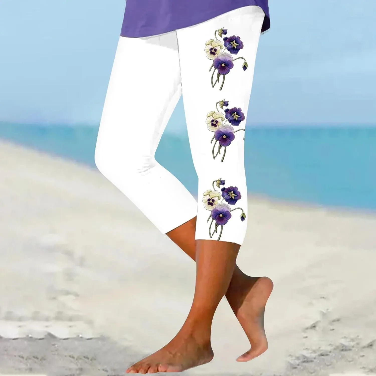 Capri Leggings for Women Purple Floral Print Crop Yoga Pants Stretchy 7/8 Length Tights Alzheimers Awareness Products