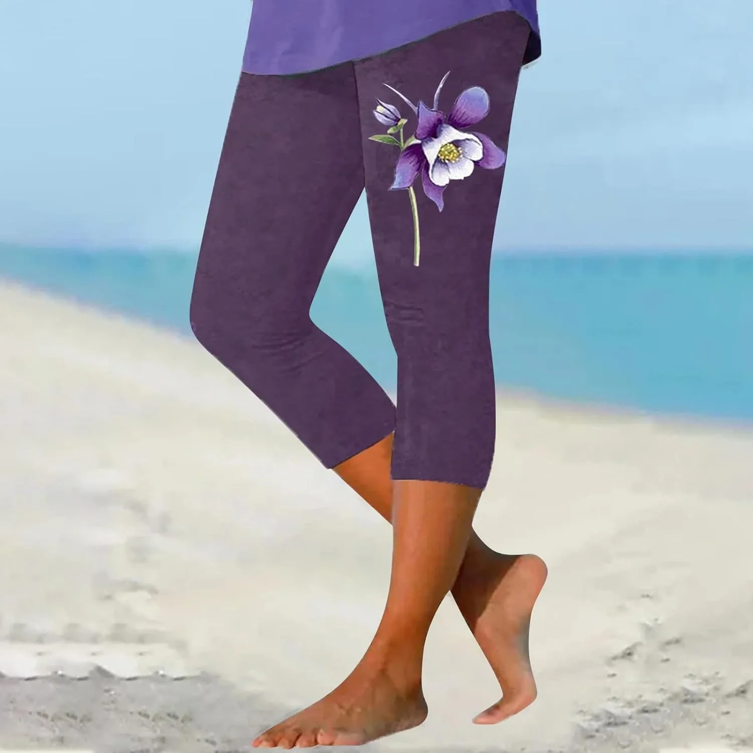 Capri Leggings for Women Purple Floral Print Crop Yoga Pants Stretchy 7/8 Length Tights Alzheimers Awareness Products