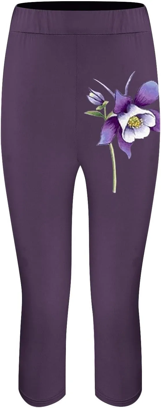 Capri Leggings for Women Purple Floral Print Crop Yoga Pants Stretchy 7/8 Length Tights Alzheimers Awareness Products