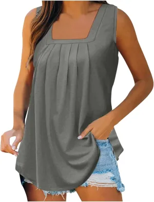 Ceboyel Women Sleeveless Pleated Summer Tops Loose Fit Camisole Shirt Square Neck Dressy Casual Tank Top 2023 Trendy Outfits