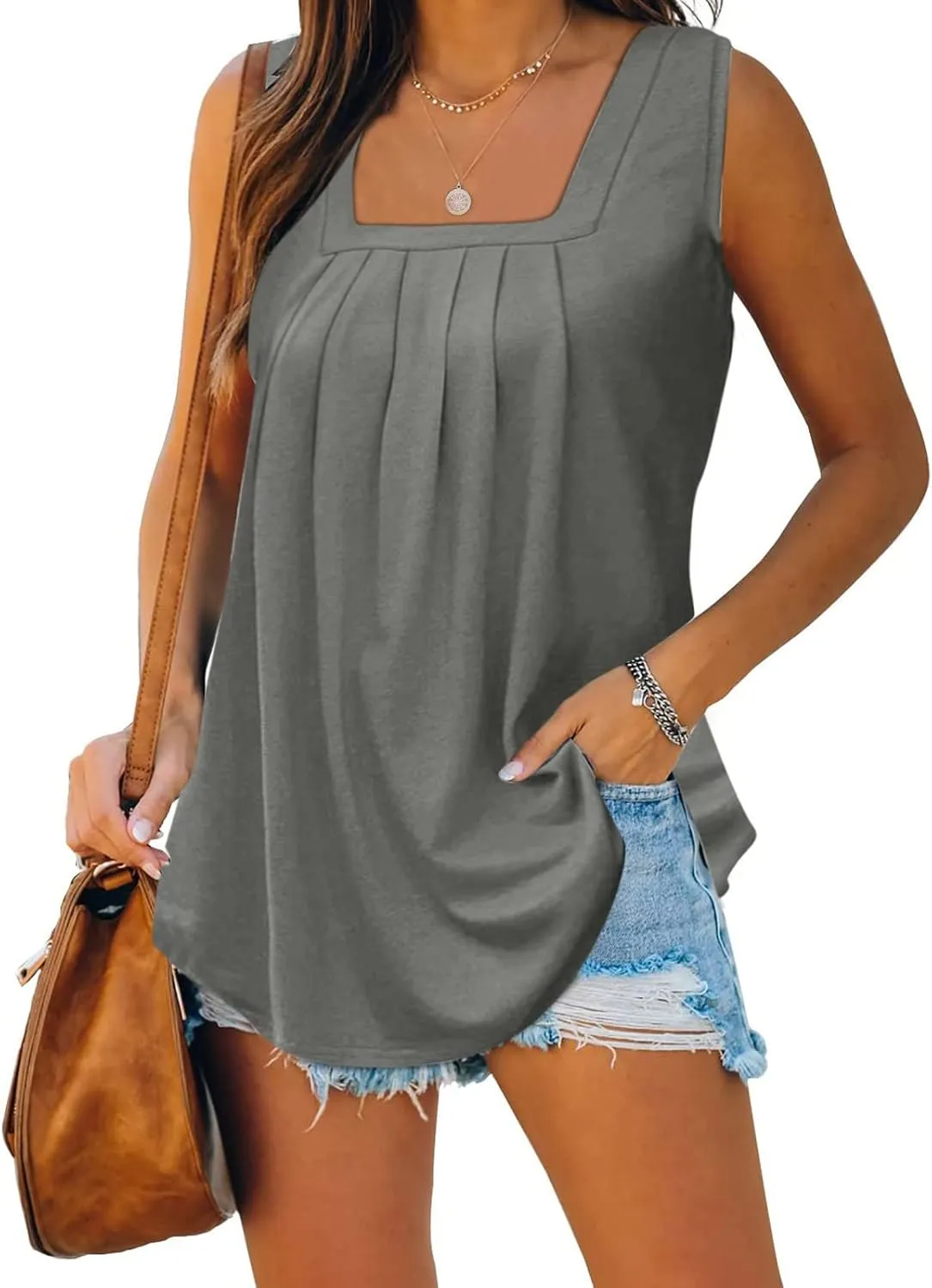 Ceboyel Women Sleeveless Pleated Summer Tops Loose Fit Camisole Shirt Square Neck Dressy Casual Tank Top 2023 Trendy Outfits