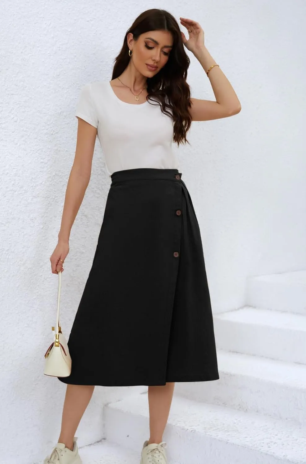CHARTOU Women's Summer Linen Elastic Back Buttoned Swing Midi A Line Skirt