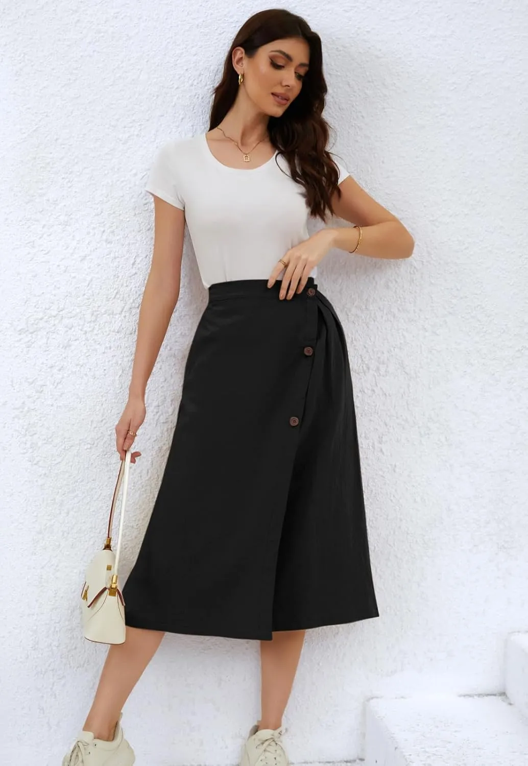 CHARTOU Women's Summer Linen Elastic Back Buttoned Swing Midi A Line Skirt