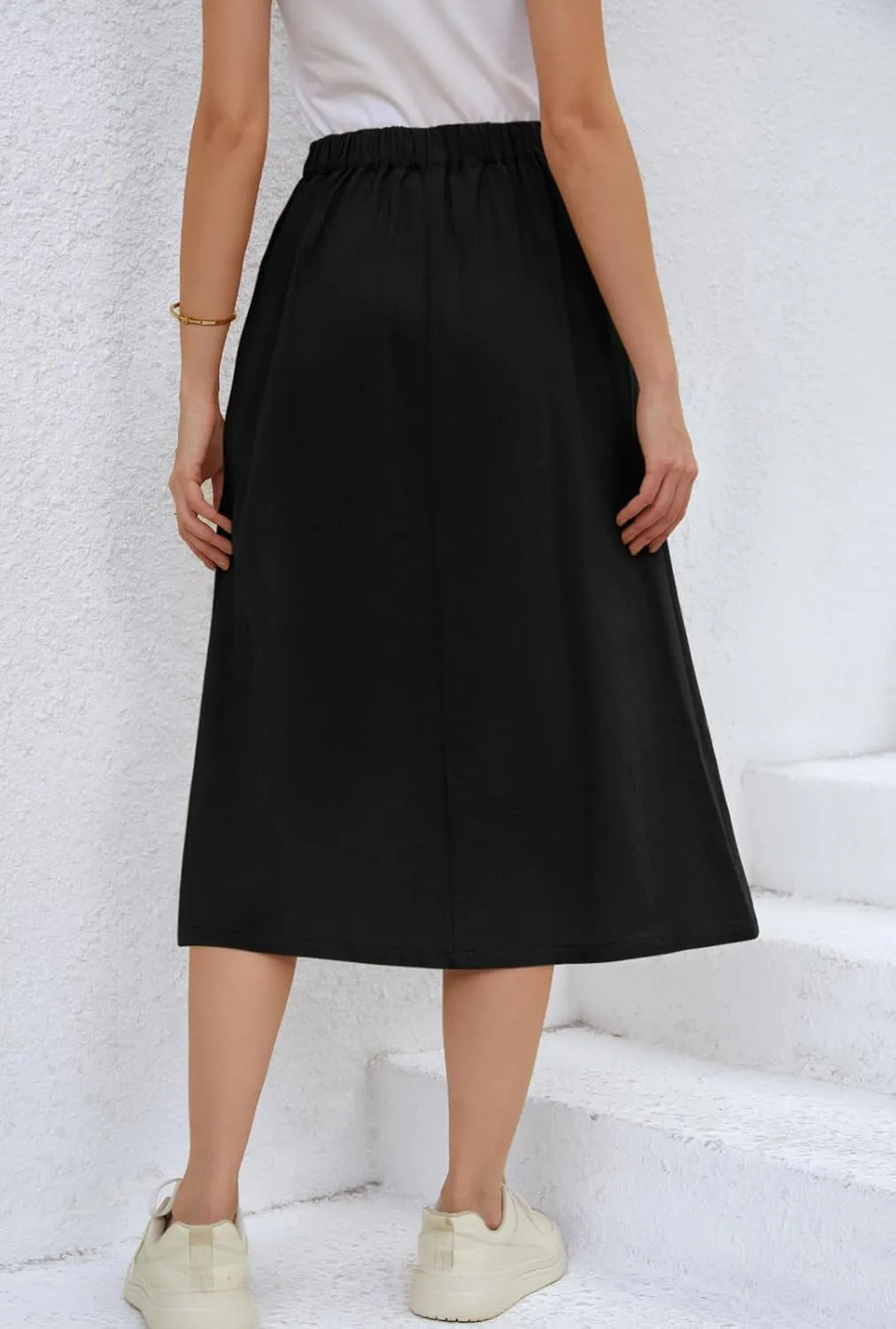 CHARTOU Women's Summer Linen Elastic Back Buttoned Swing Midi A Line Skirt