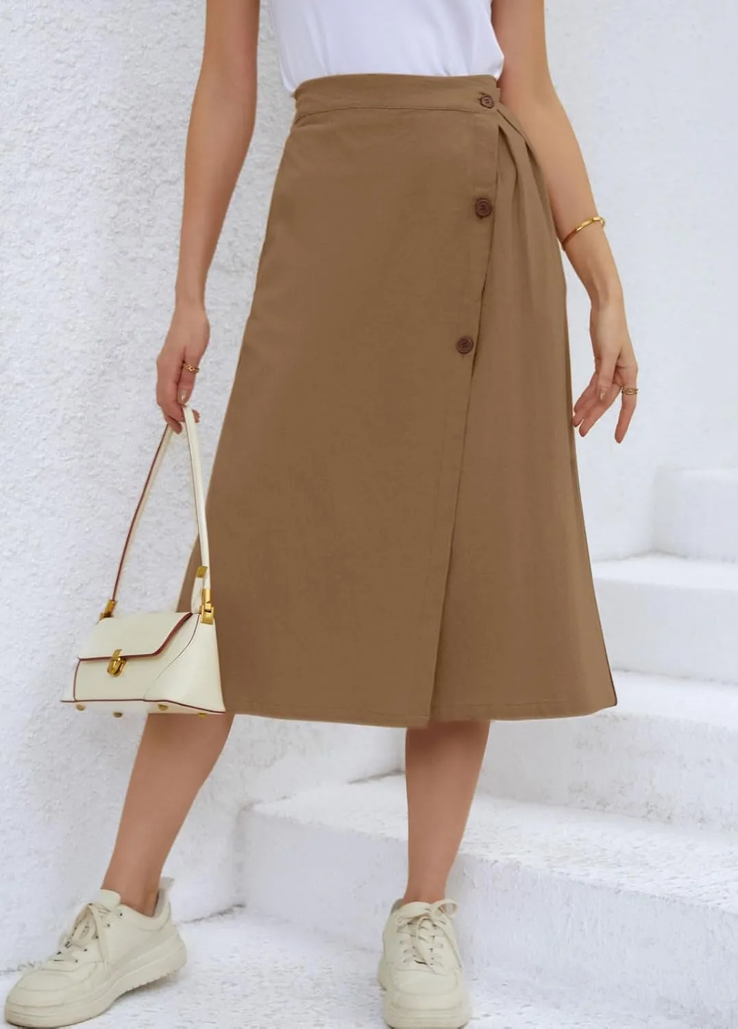 CHARTOU Women's Summer Linen Elastic Back Buttoned Swing Midi A Line Skirt