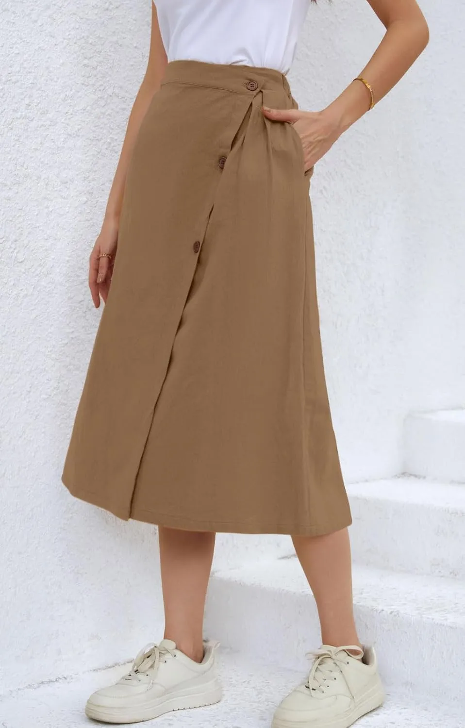 CHARTOU Women's Summer Linen Elastic Back Buttoned Swing Midi A Line Skirt