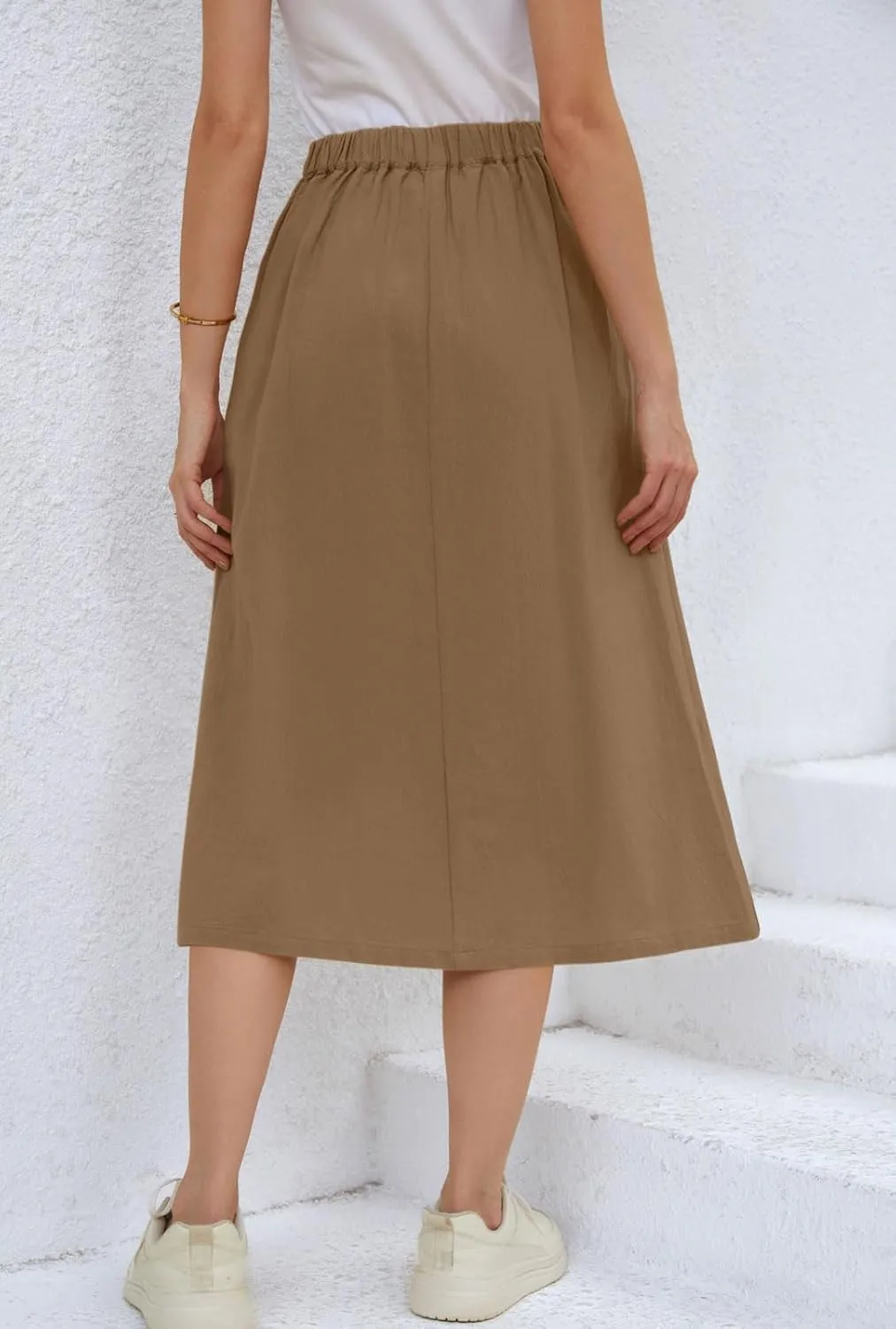 CHARTOU Women's Summer Linen Elastic Back Buttoned Swing Midi A Line Skirt
