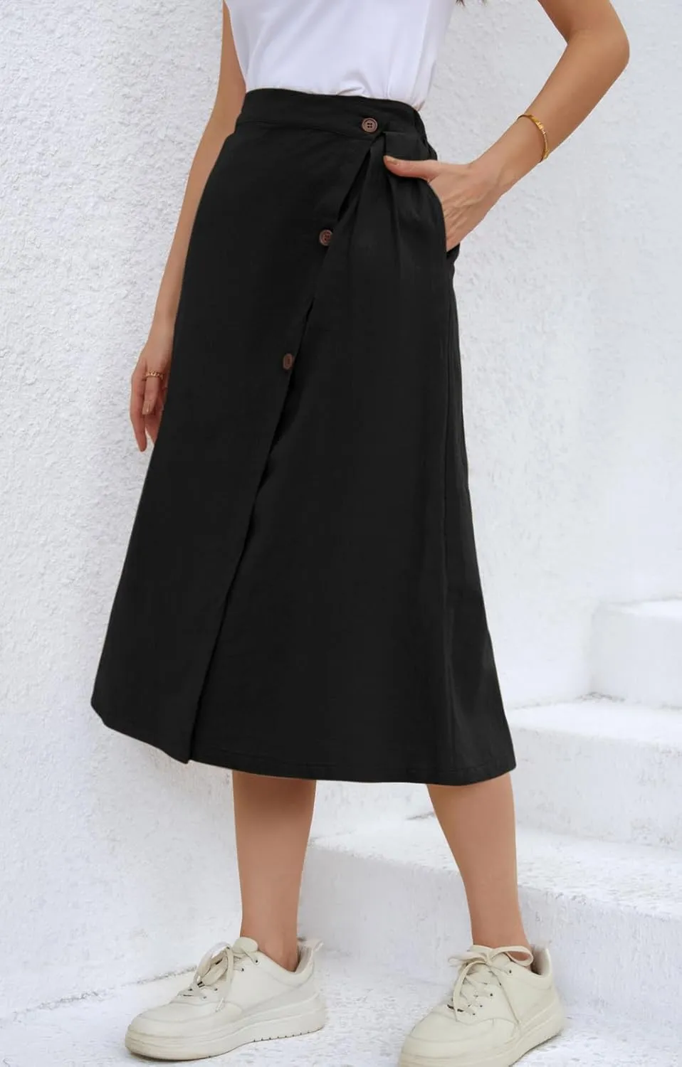 CHARTOU Women's Summer Linen Elastic Back Buttoned Swing Midi A Line Skirt