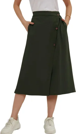 CHARTOU Women's Summer Linen Elastic Back Buttoned Swing Midi A Line Skirt