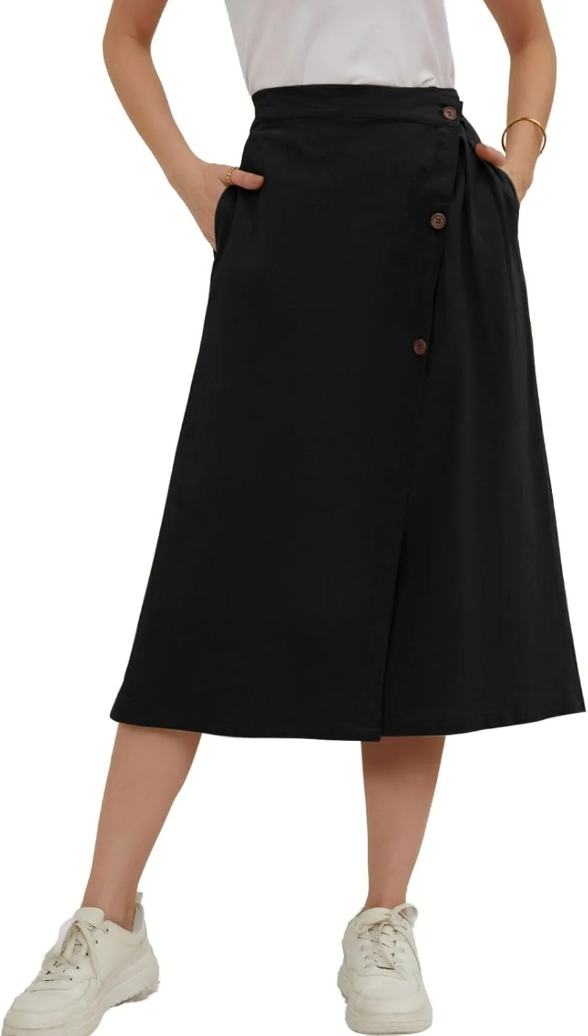 CHARTOU Women's Summer Linen Elastic Back Buttoned Swing Midi A Line Skirt