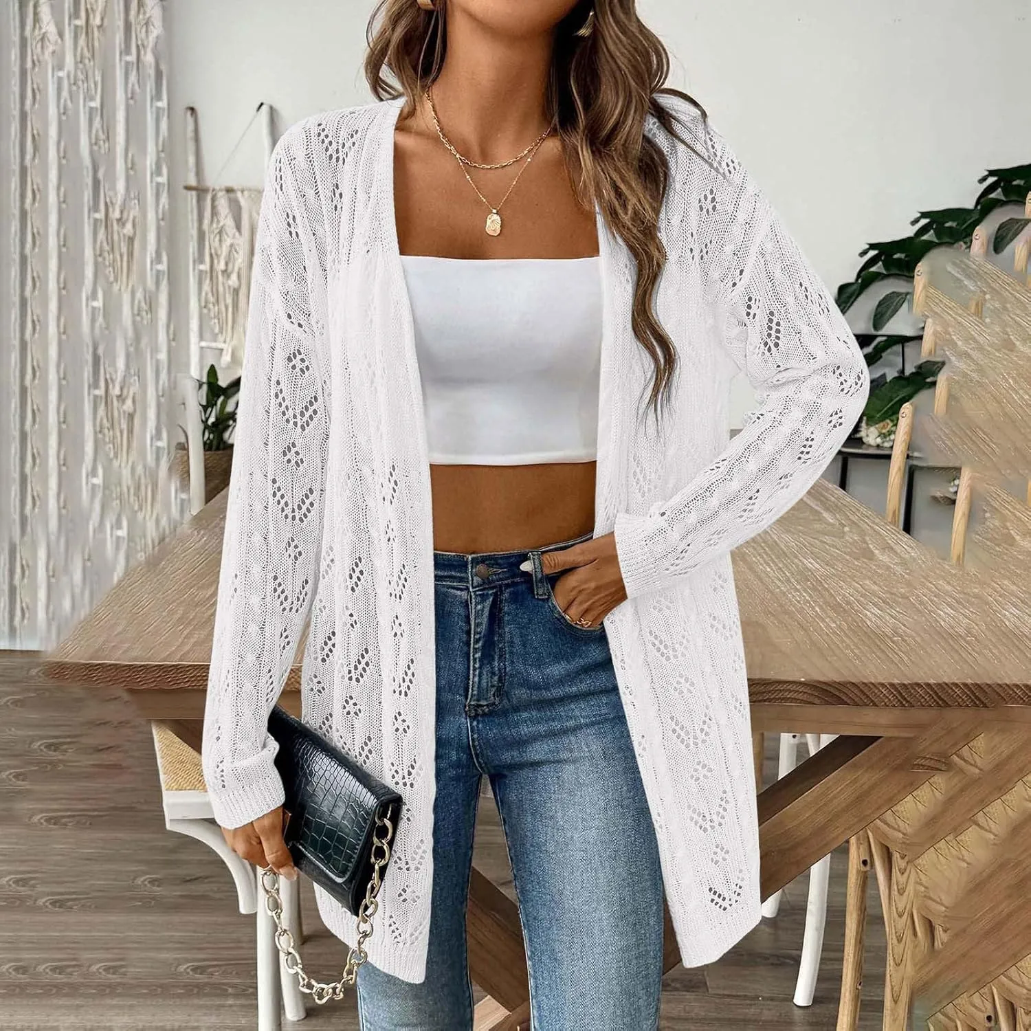 Chic Cable Knit Cardigan for Womens Open Front Cardigan Sweaters Fashion Crochet Cable Knit Chunky Outwear Coats