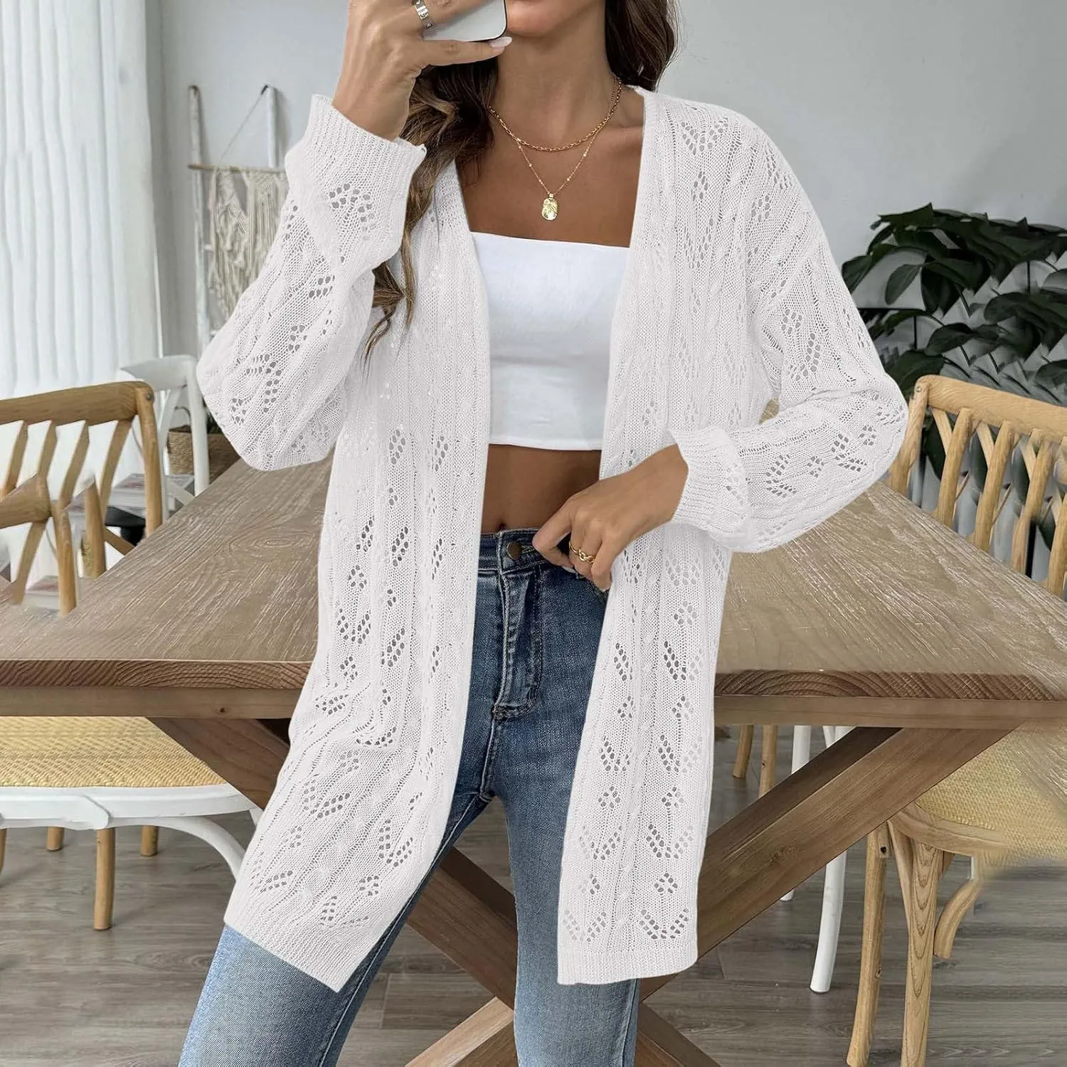 Chic Cable Knit Cardigan for Womens Open Front Cardigan Sweaters Fashion Crochet Cable Knit Chunky Outwear Coats